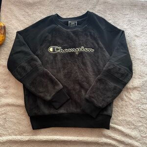 Champion Black & Gold Faux Fur Crewneck Sweatshirt - Script Logo - Size Medium